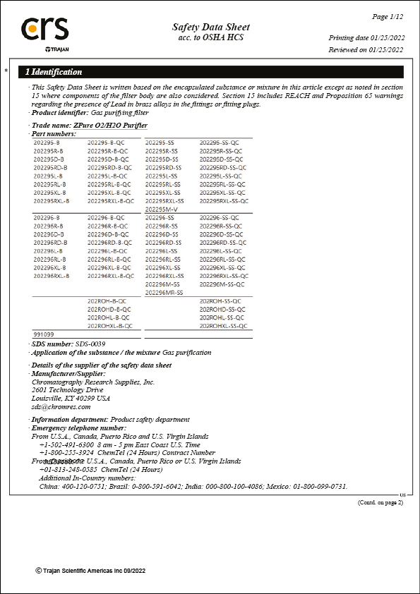 Safety Data Sheet - CRS ZPure O2-H2O Filter