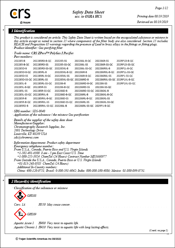Safety Data Sheet - CRS ZPure PolyGas I Purifier