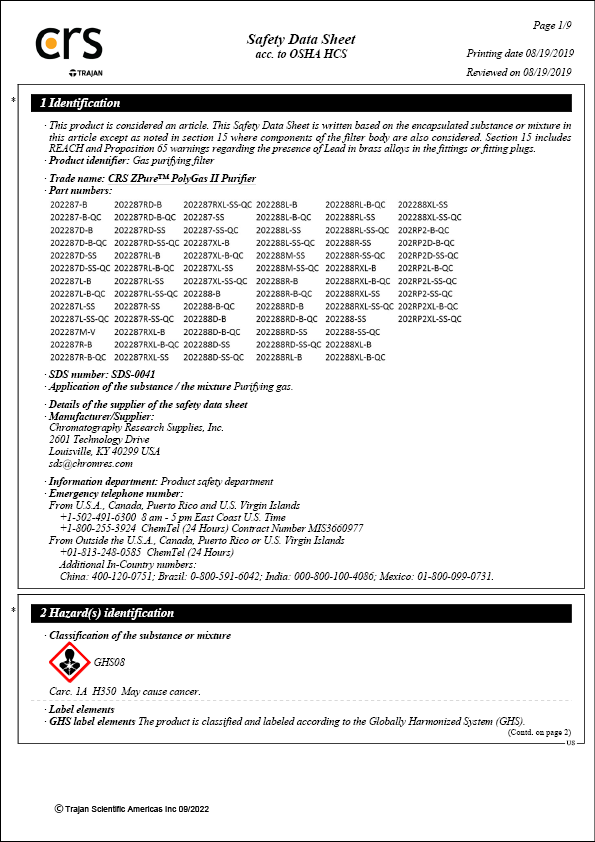 Safety Data Sheet - CRS ZPure PolyGas II Purifier