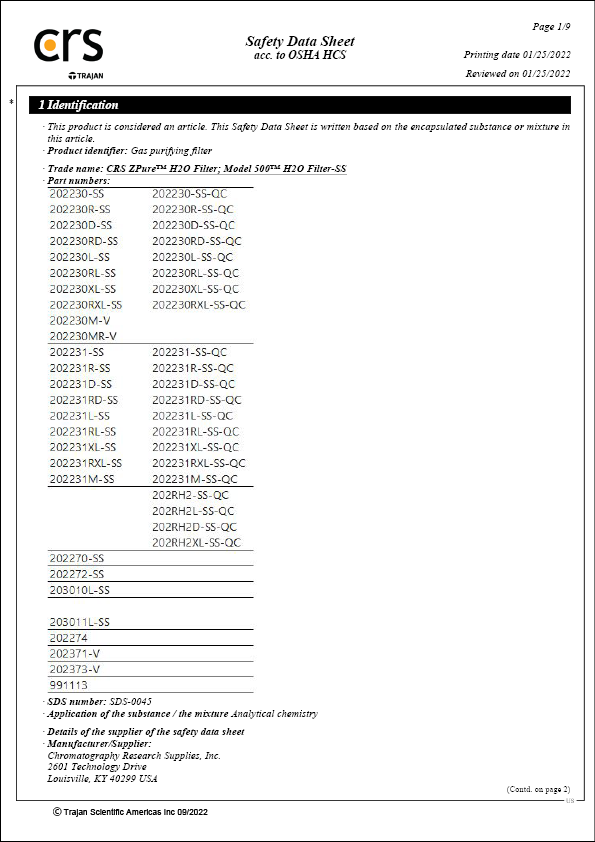Safety Data Sheet - CRS ZPure H2O and Model 500-SS