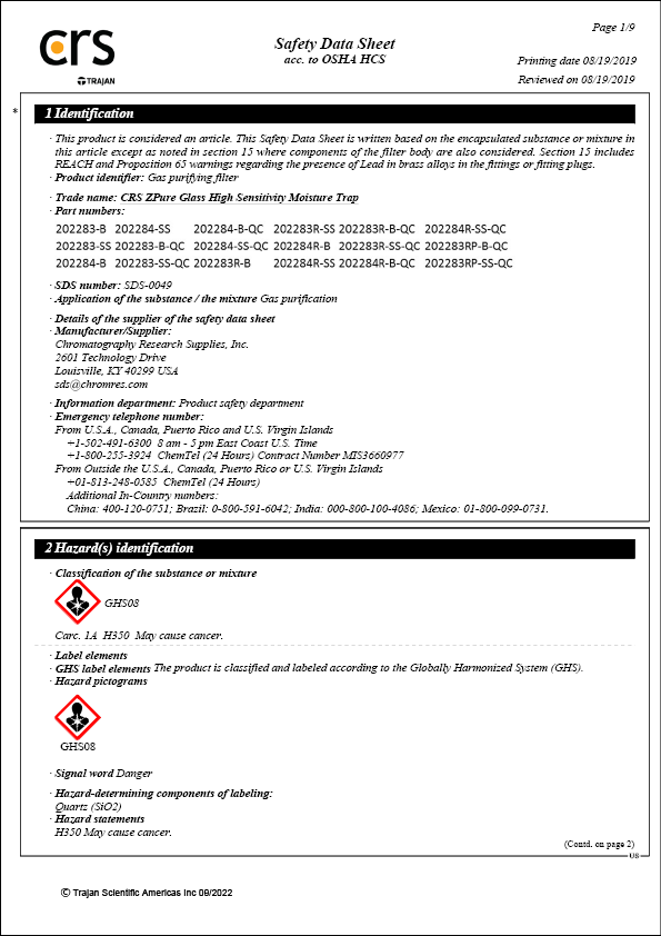 Safety Data Sheet - CRS ZPure Glass HSMI H2O Filter