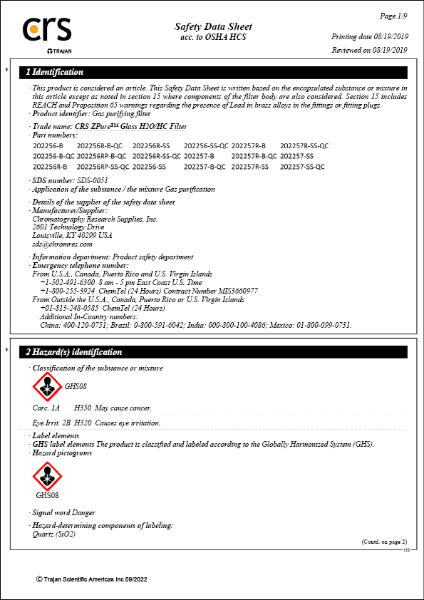 Safety Data Sheet - CRS ZPure Glass H2O-HC Filter