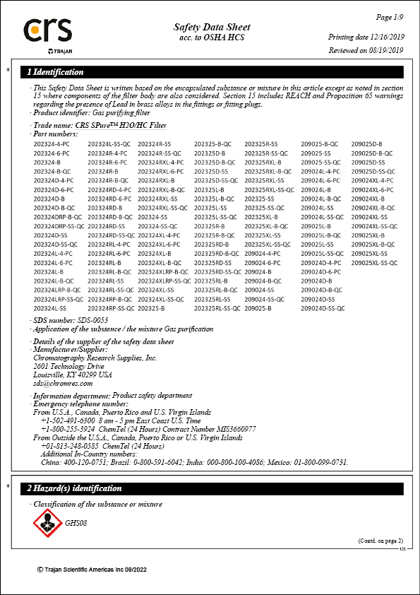 Safety Data Sheet - CRS SPure H2O-HC Filter