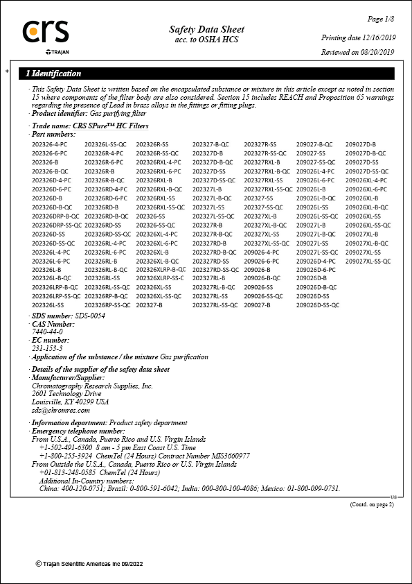 Safety Data Sheet - CRS SPure HC Filters