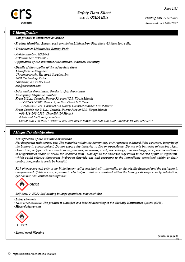 Safety Data Sheet - Lithium Ion Battery Pack