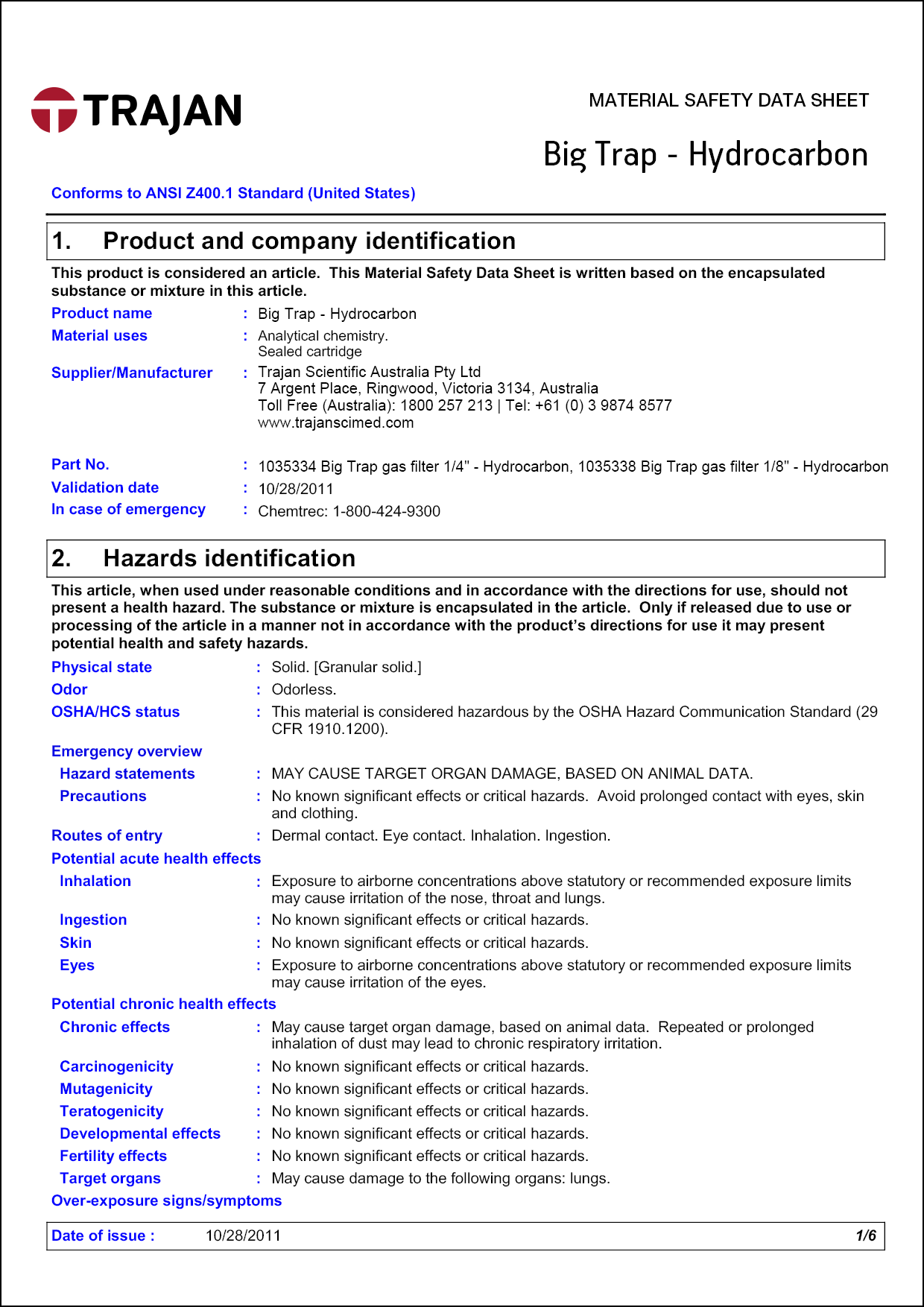 Material safety data sheet - Big Trap - Hydrocarbon