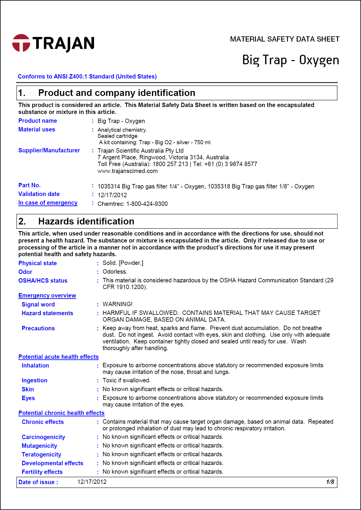 Material safety data sheet - Big Trap - Oxygen