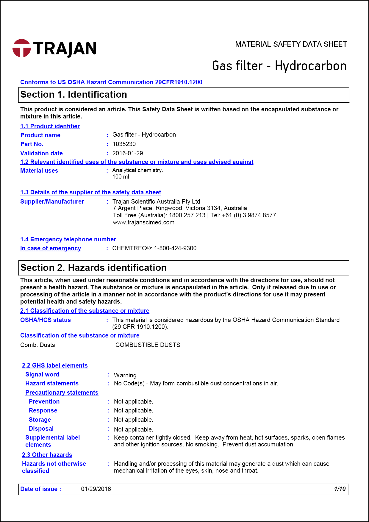 Material safety data sheet - Gas filter - Hydrocarbon