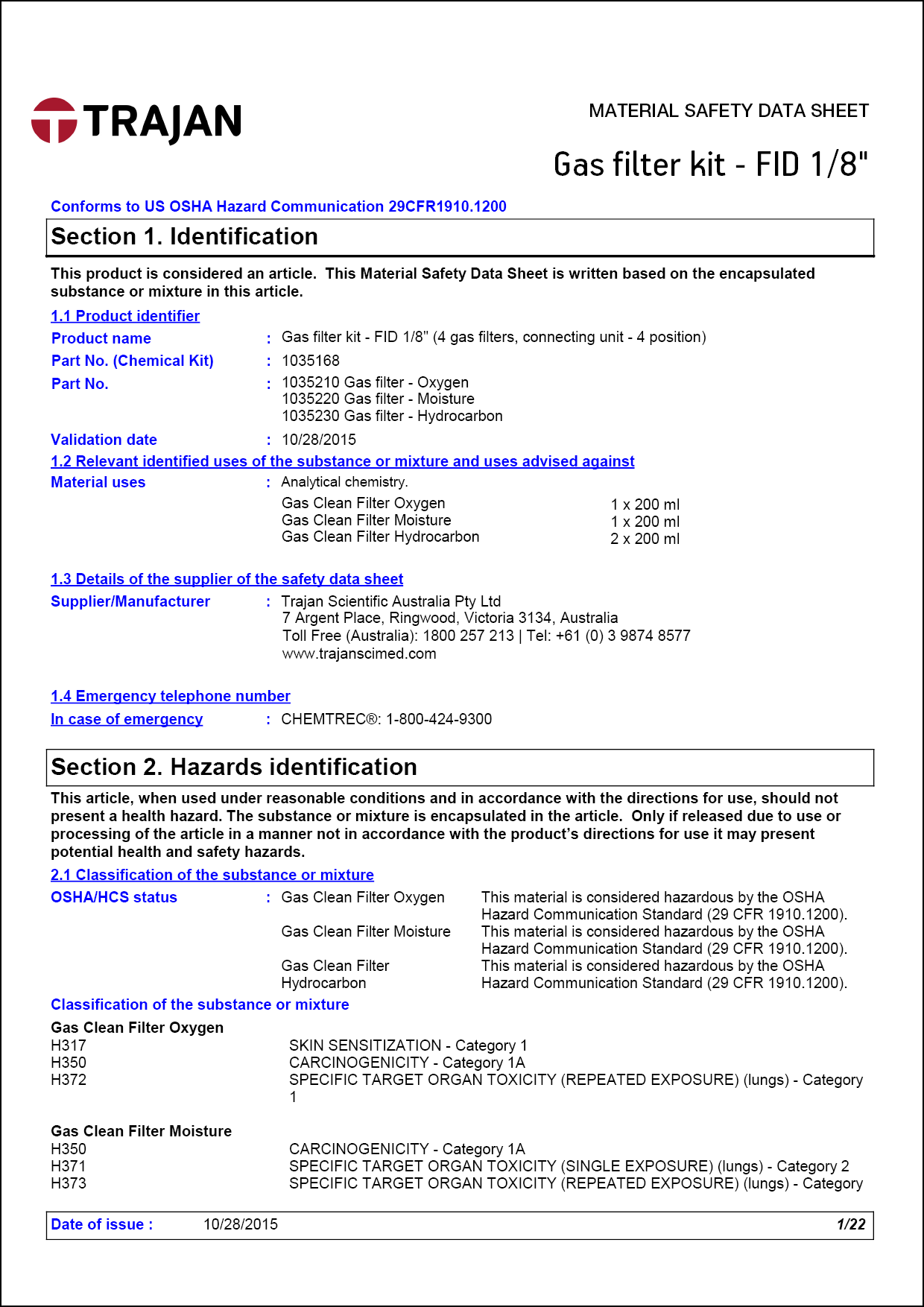 Material safety data sheet - Gas filter kits - FID 1/8"