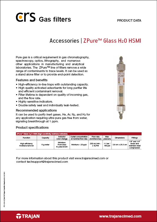 Product Data Sheet - CRS ZPure™ Glass H<sub>2</sub>O HSMI gas filter