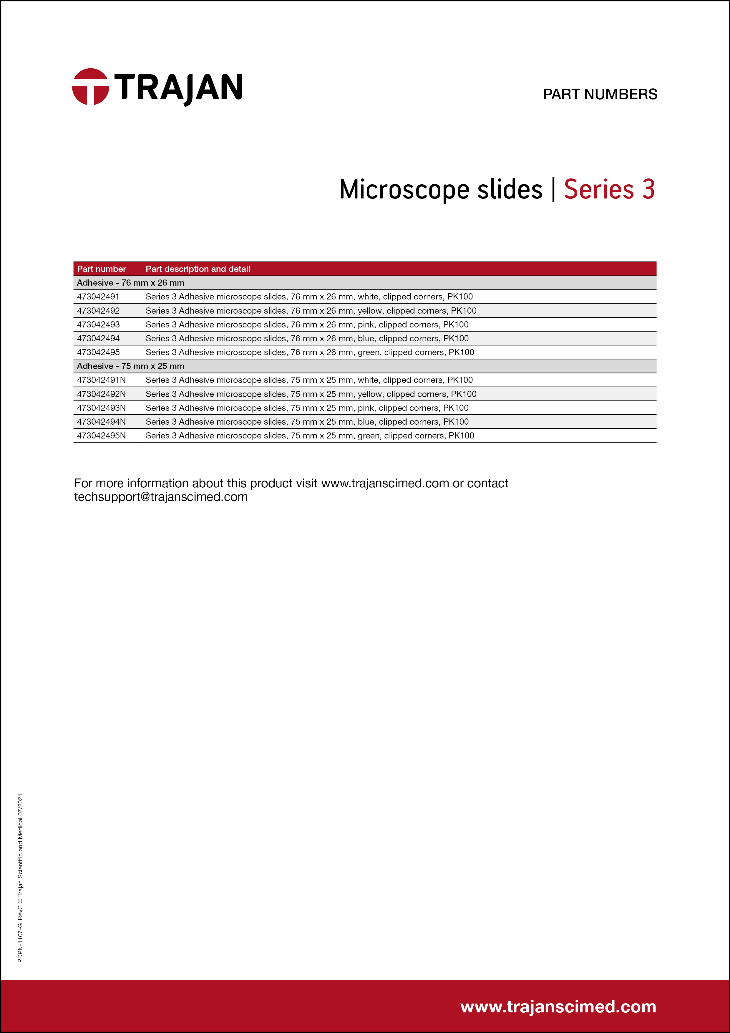 Part Number List - Series 3 microscope slides