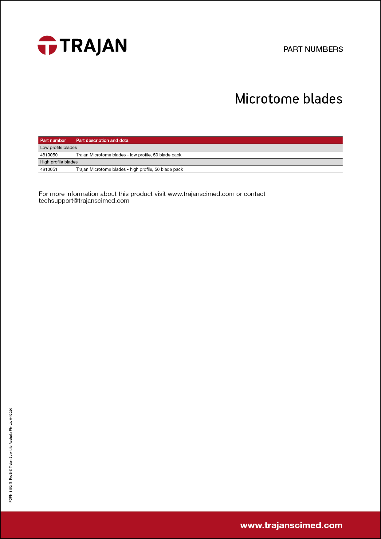 Part Number List - Microtome blades
