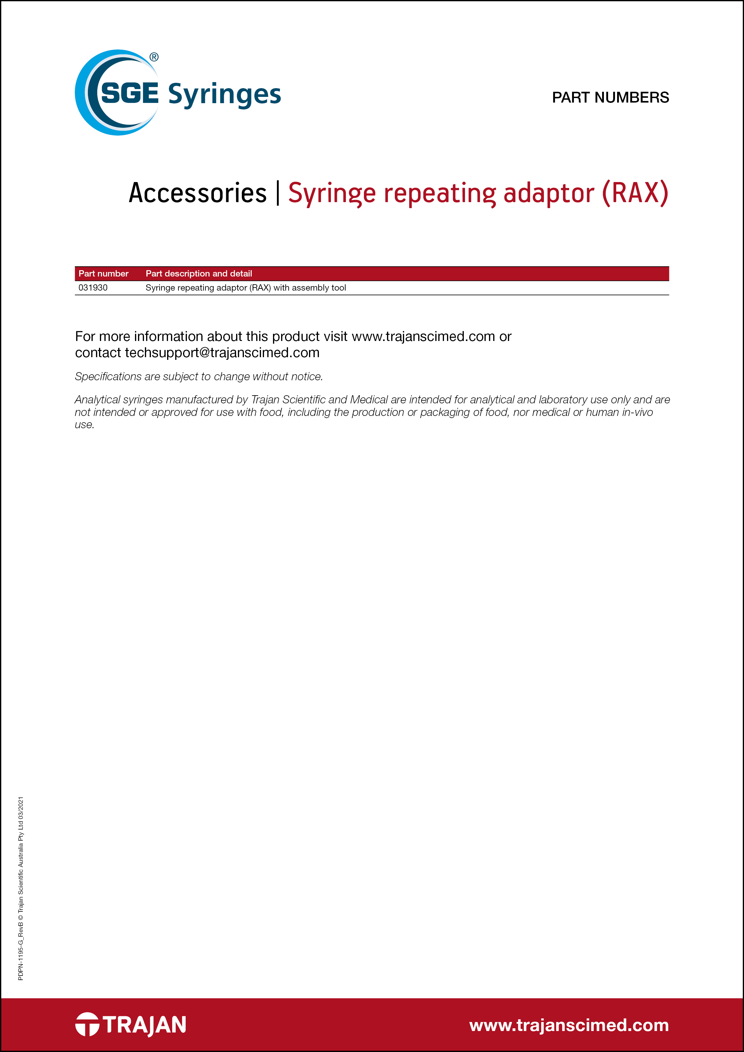 Part Number List - Syringe repeating adaptor (RAX)