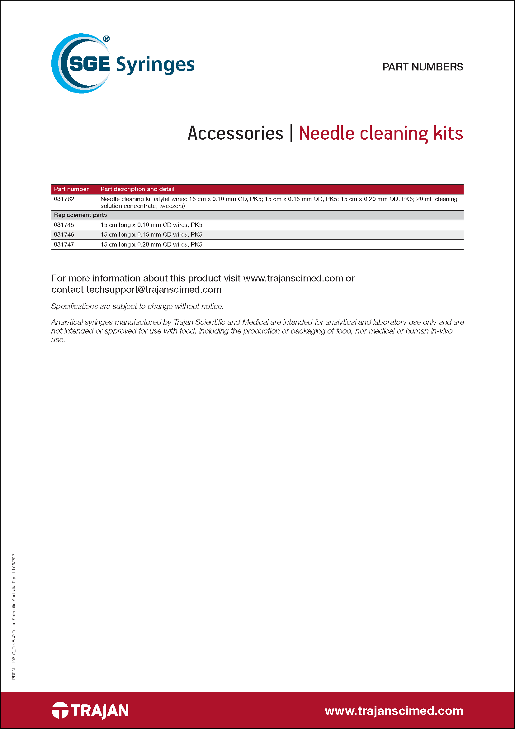 Part Number List - Needle cleaning kits