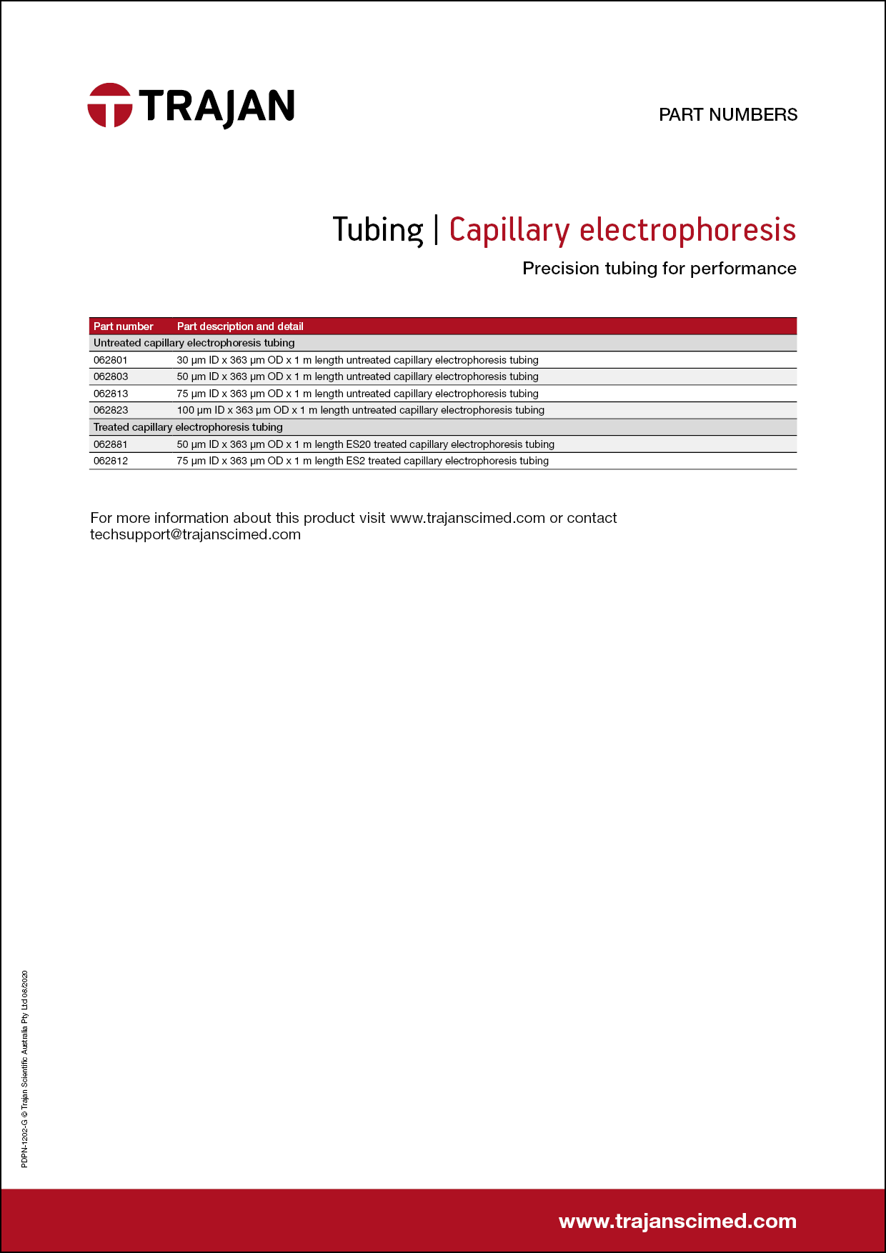 Part Number List - Capillary electrophoresis tubing