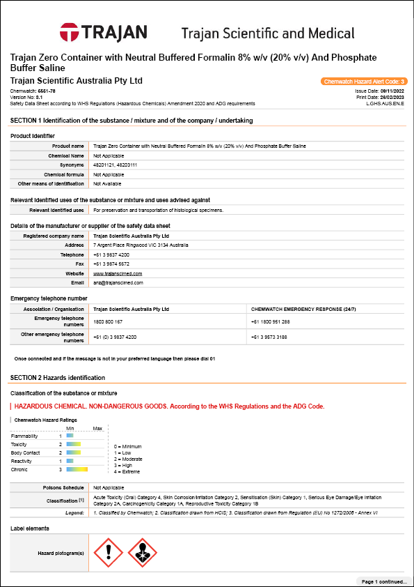 Safety Data Sheet - Trajan Zero Container with Neutral Buffered Formalin 8% w/v (20% v/v) (Australia)