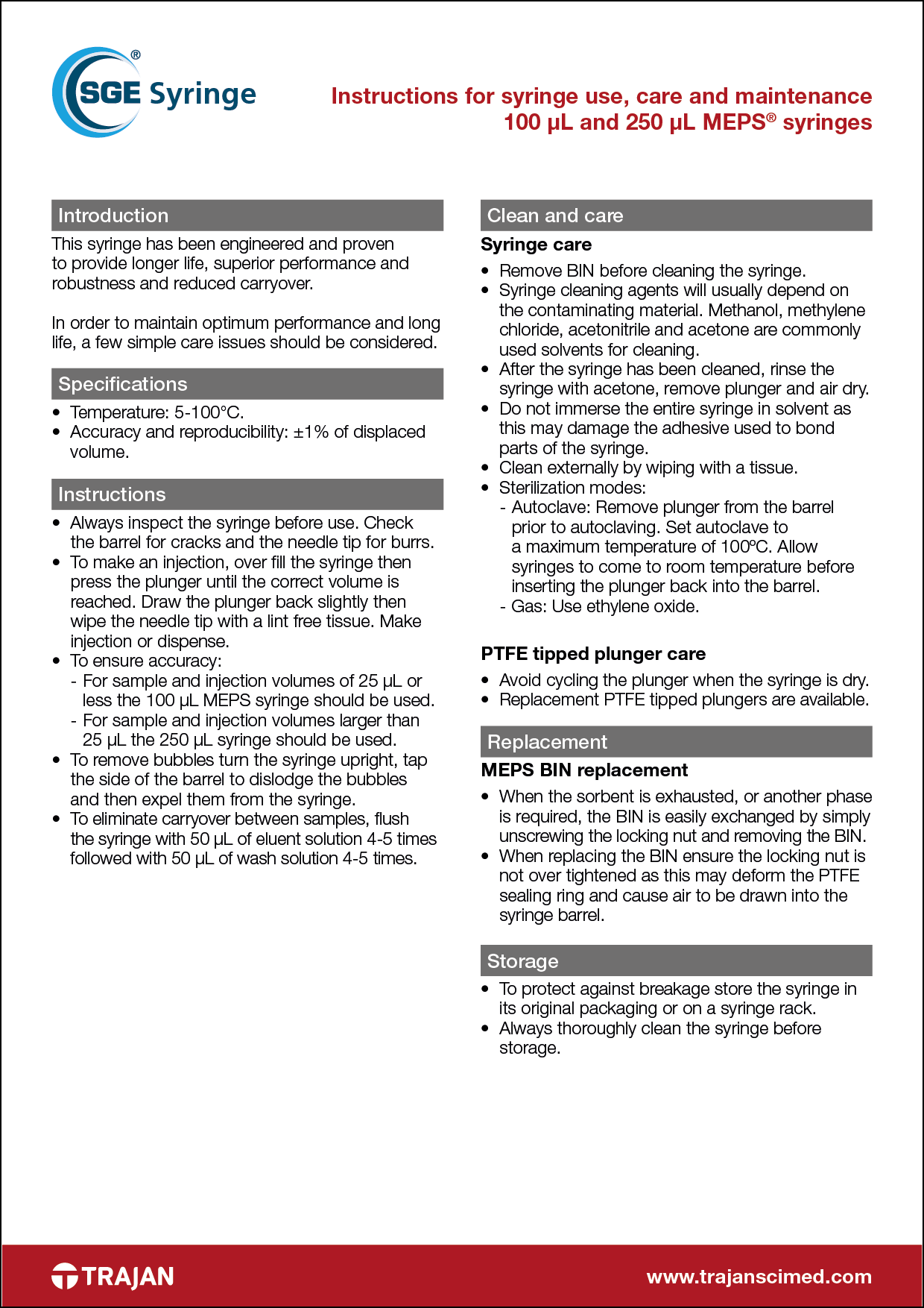 Manual - Instructions for syringe use, care and maintenance 100 µL and 250 µL MEPS® syringes