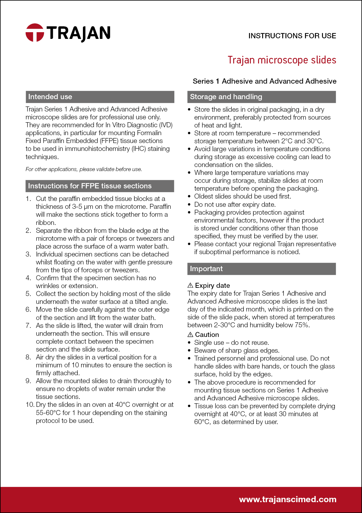 Instructions for use - Trajan microscope slides Series 1 Adhesive and Advanced Adhesive