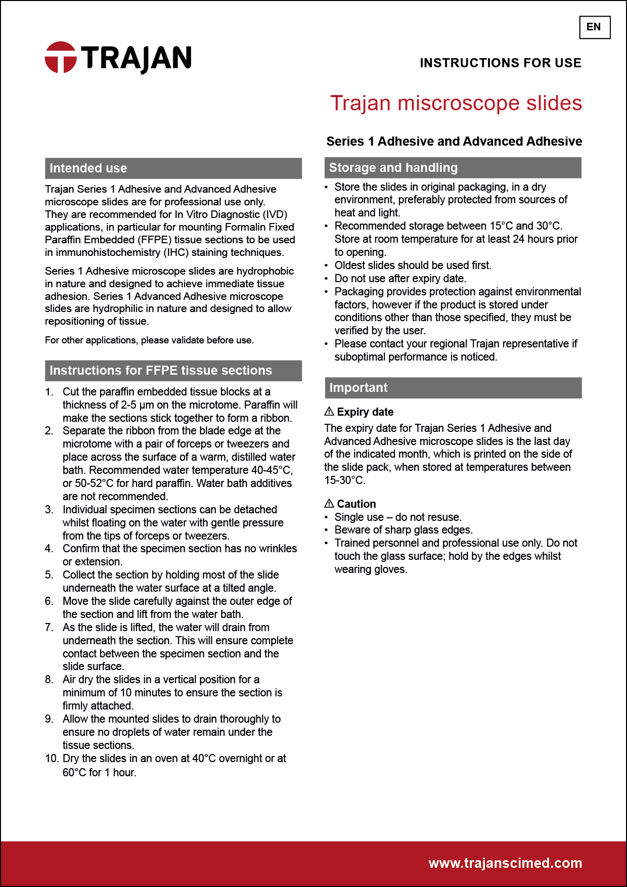 Instructions for use - Trajan microscope slides Series 1 Adhesive and Advanced Adhesive
