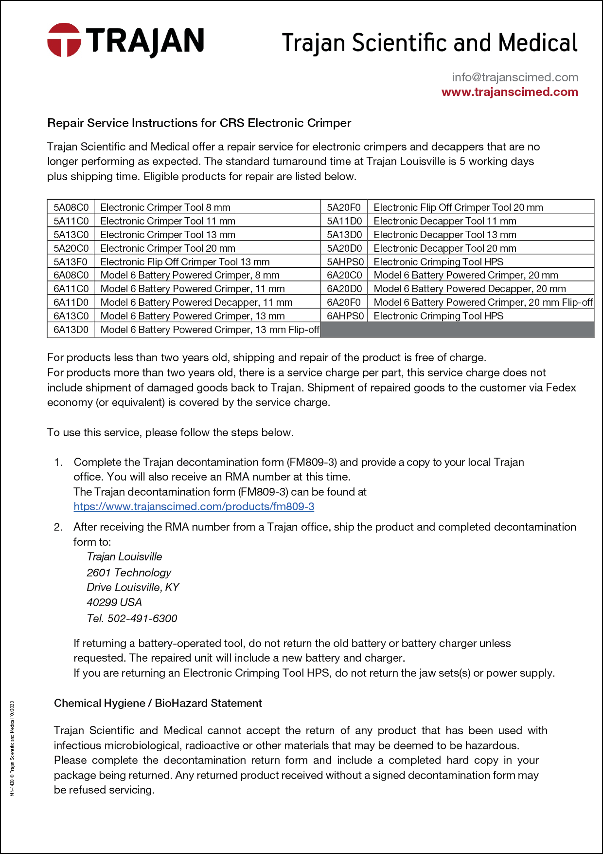 Repair service instructions for CRS electronic crimper