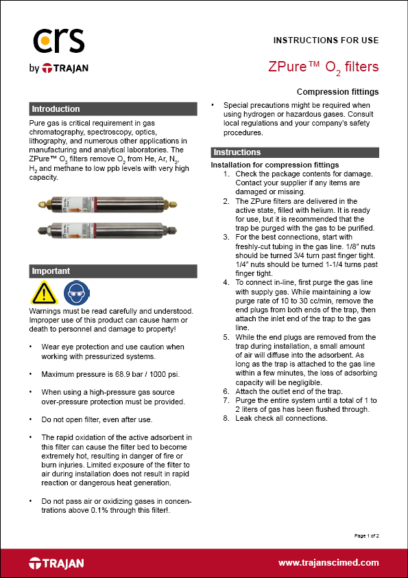 Instructions for use - CRS ZPure™ O2 filters with compression fittings