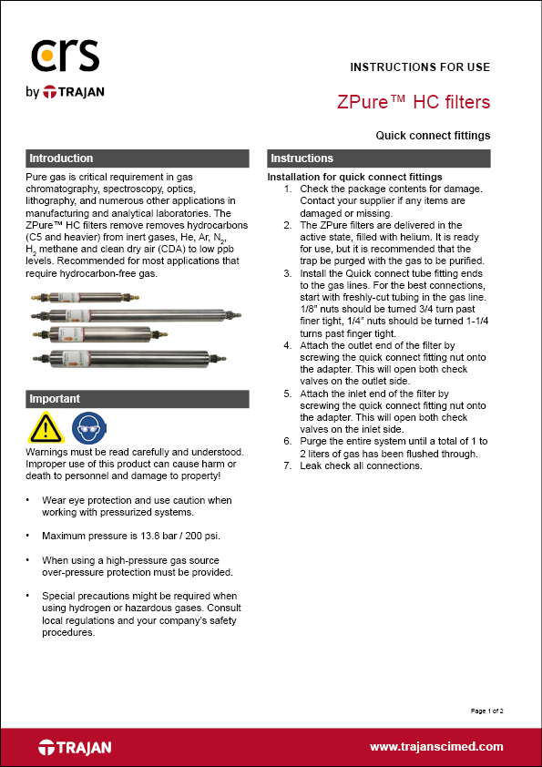 Instructions for use - ZPure™ HC filters with quick connect fittings