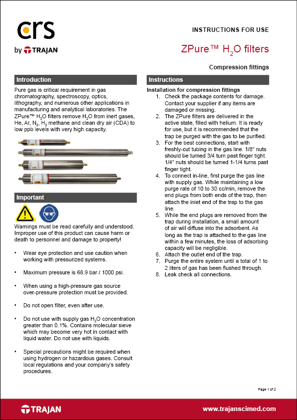 Instructions for use - ZPure™ H2O filters with compression fittings