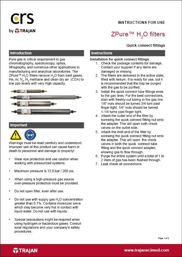 Instructions for use - ZPure™ H2O filters with quick connect fittings