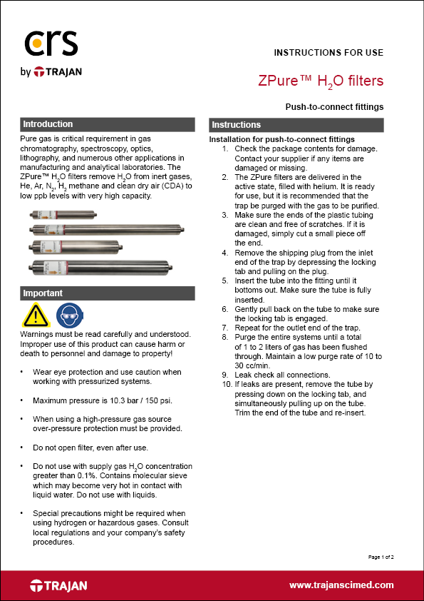 Instructions for use - ZPure™ H2O filters with push-to-connect fittings