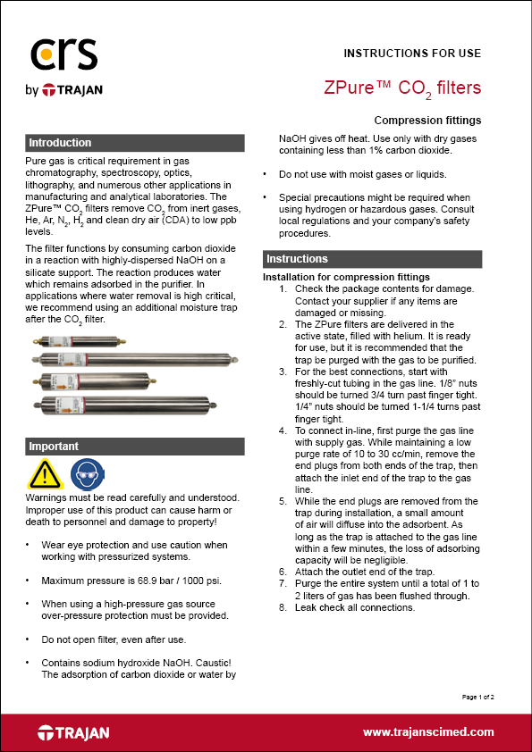 Instructions for use - ZPure™ CO2 filters with compression fittings