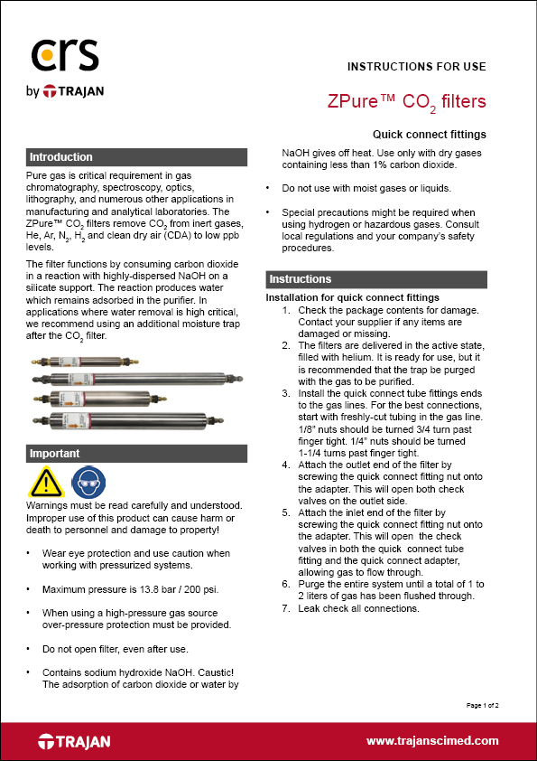 Instructions for use - ZPure™ CO2 filters with quick connect fittings