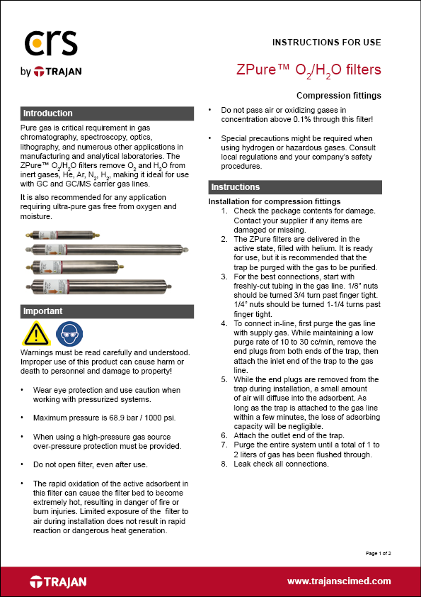 Instructions for use - ZPure™ O2/H2O filters with compression fittings