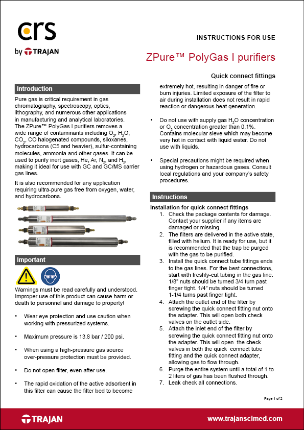 Instructions for use - ZPure™ PolyGas I purifiers with quick connect fittings