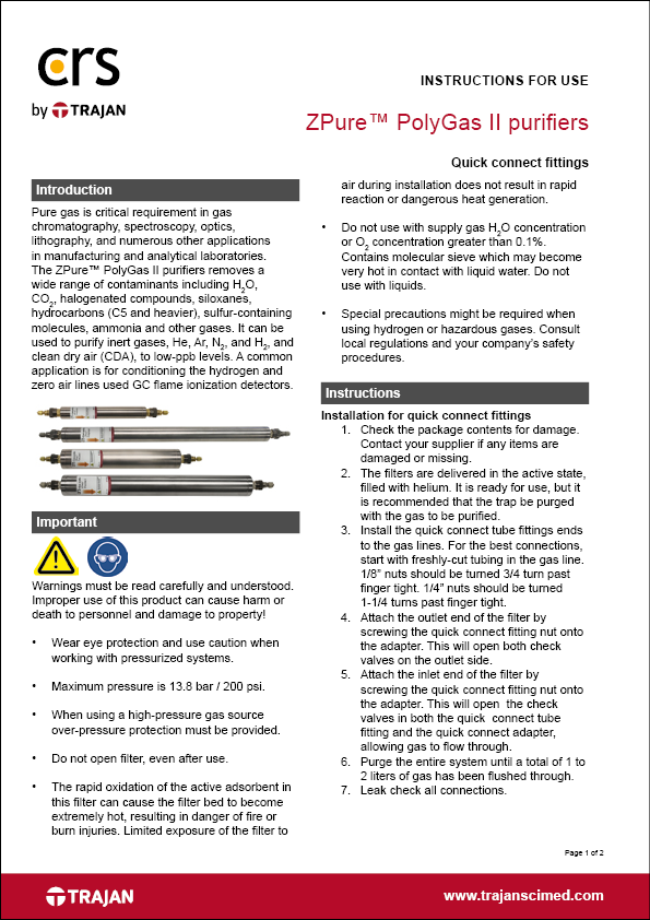 Instructions for use - ZPure™ PolyGas II purifiers with quick connect fittings