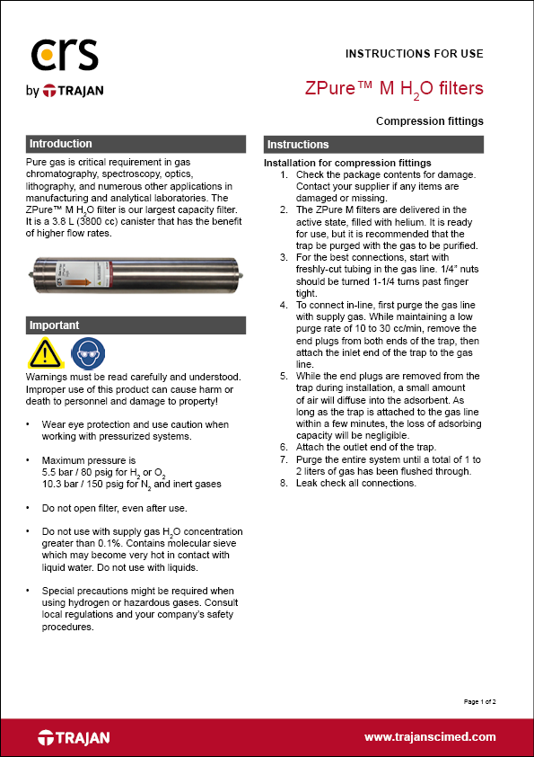 Instructions for use - ZPure™ M H2O filters with compression fittings