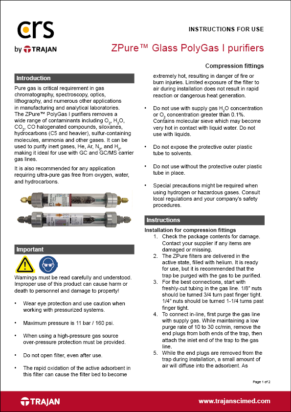 Instructions for use - ZPure™ Glass PolyGas I purifiers with compression fittings