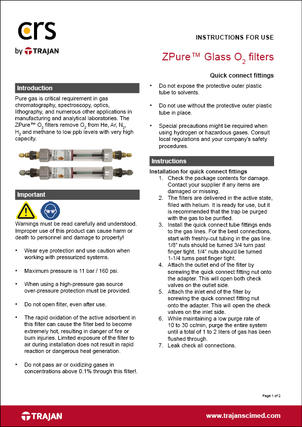 Instructions for use - ZPure™ Glass O2 filters with quick connect fittings