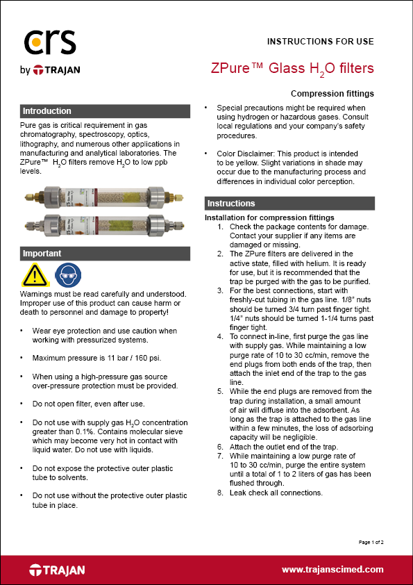 Instructions for use - ZPure™ Glass H2O filters with compression fittings