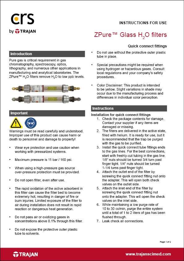 Instructions for use - ZPure™ Glass H2O filters with quick connect fittings