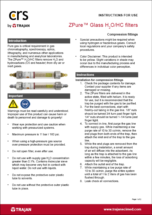 Instructions for use - ZPure™ Glass H2O/HC filters with compression fittings