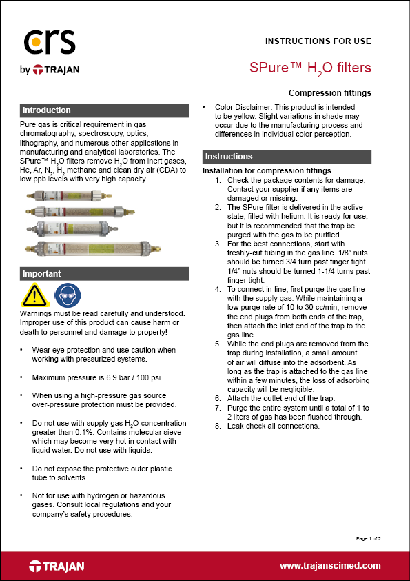 Instructions for use - SPure™ H2O filters with compression fittings