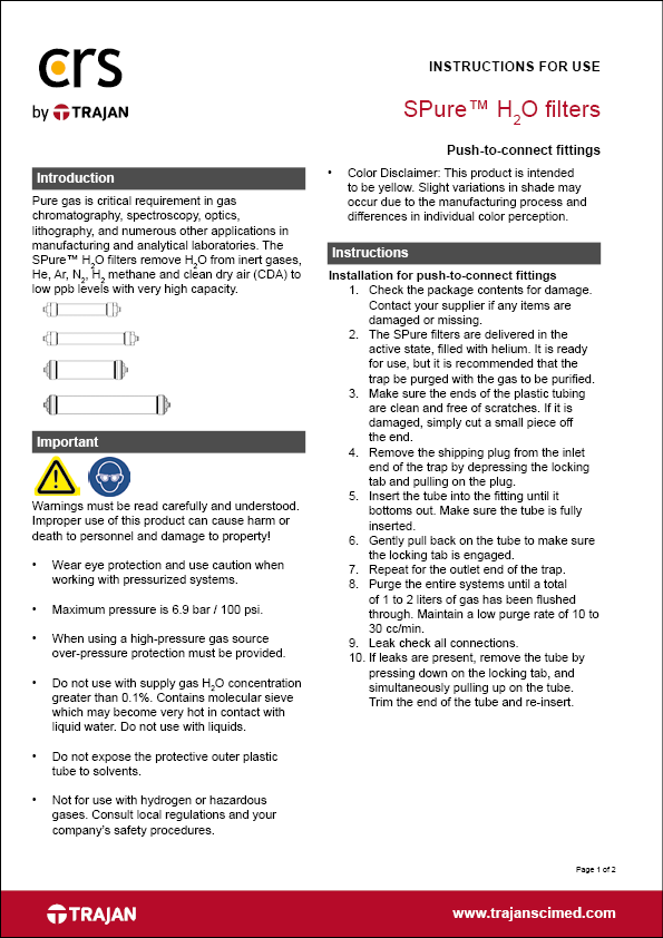 Instructions for use - SPure™ H2O filters with push-to-connect fittings
