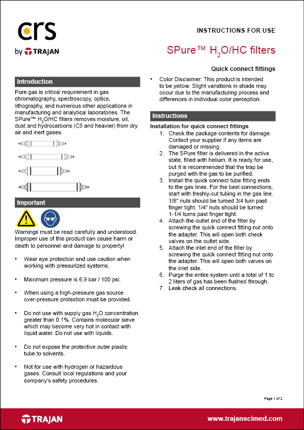 Instructions for use - SPure™ H2O/HC filters with quick connect fittings