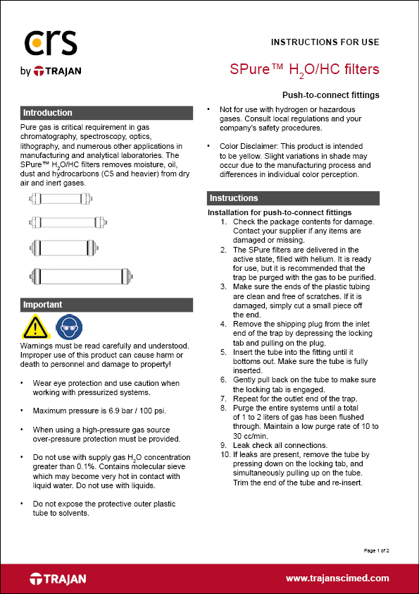 Instructions for use - SPure™ H2O/HC filters with push-to-connect fittings