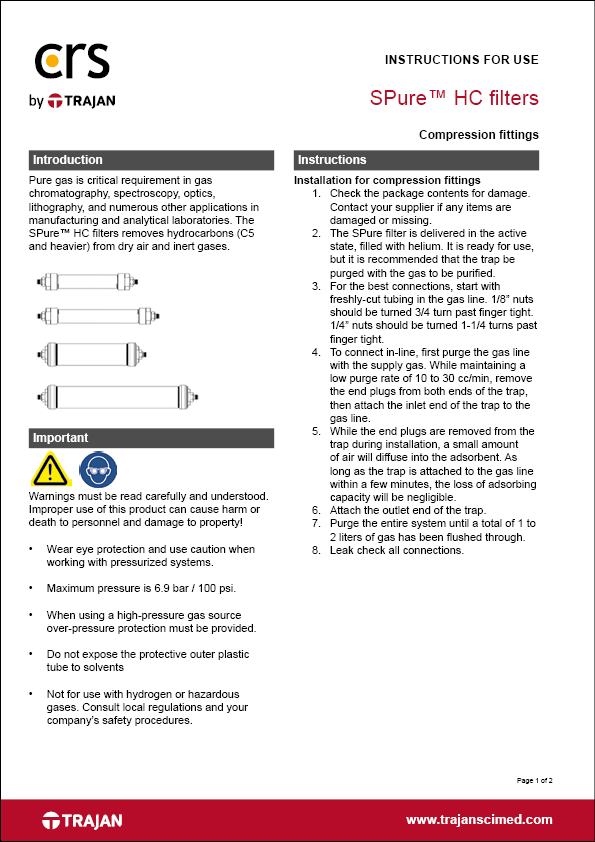 Instructions for use - SPure™ HC filters with compression fittings
