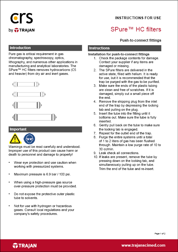 Instructions for use - SPure™ HC filters with push-to-connect fittings
