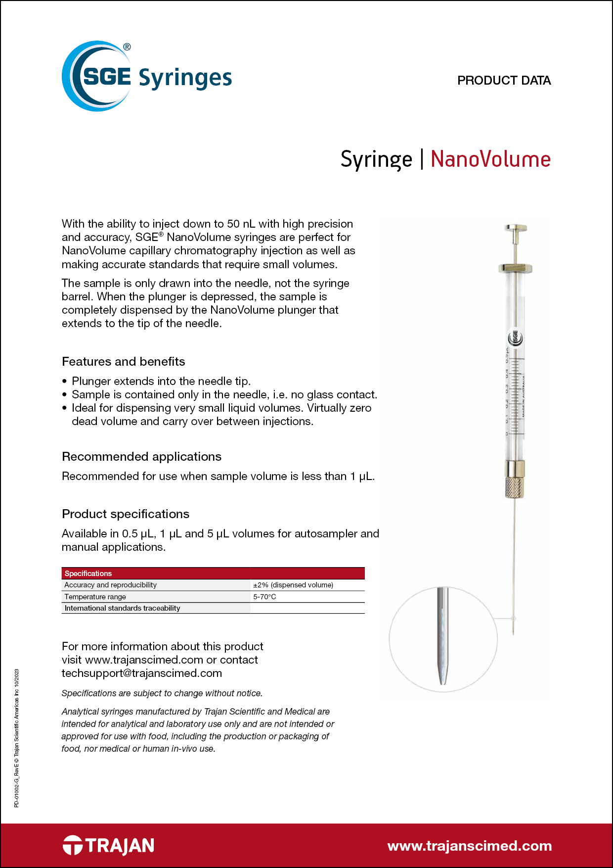 Product Data Sheet - SGE NanoVolume syringes