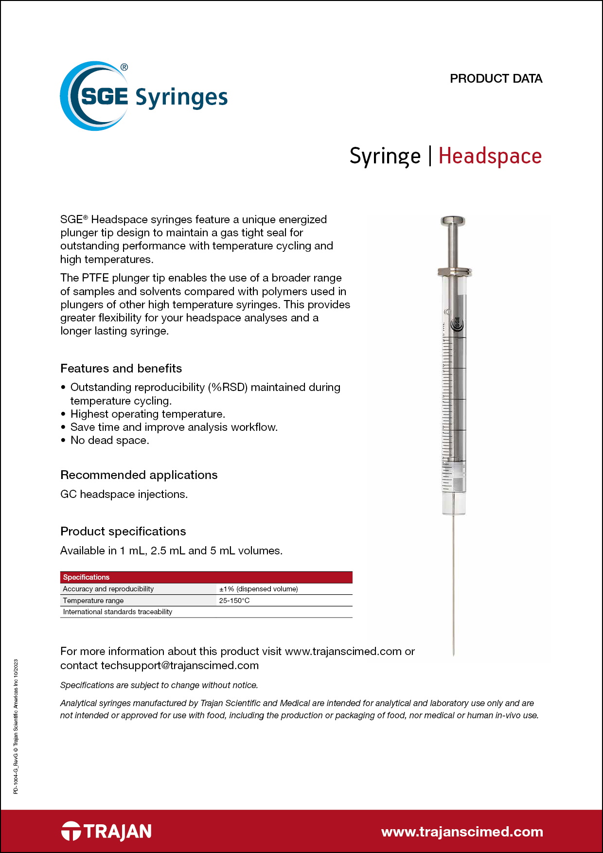 Product Data Sheet - SGE headspace syringes