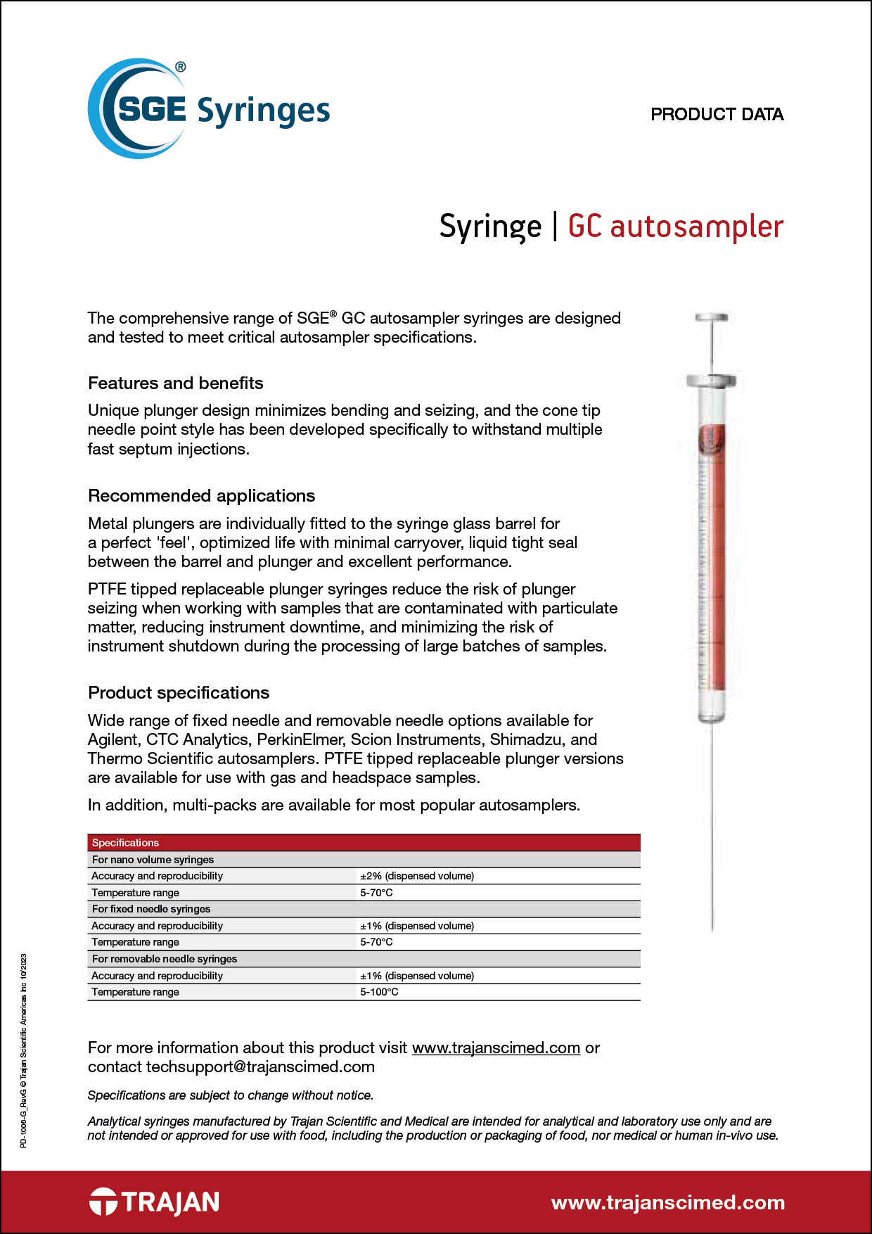 Product Data Sheet - SGE GC autosampler syringes