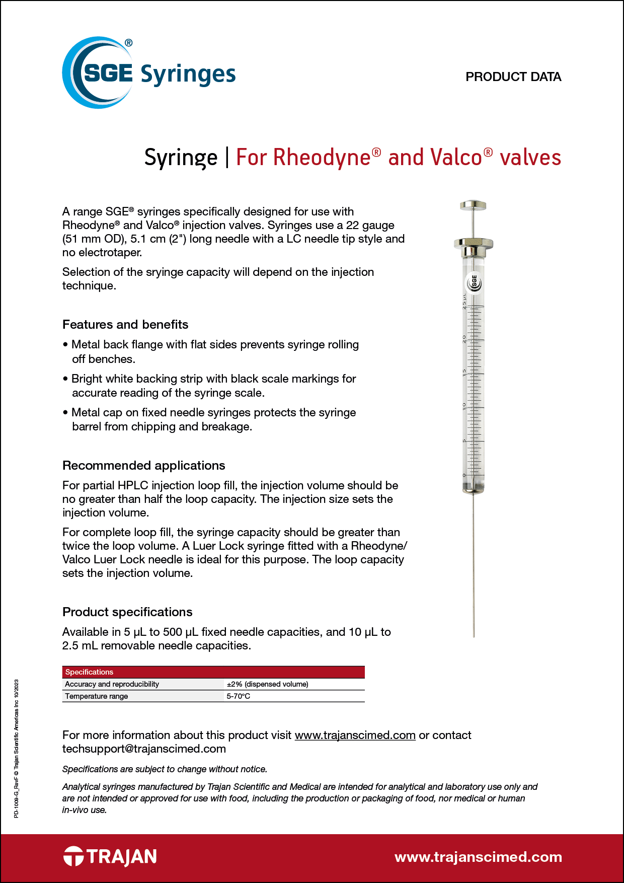 Product Data Sheet - SGE syringes for Rheodyne and Valco valves